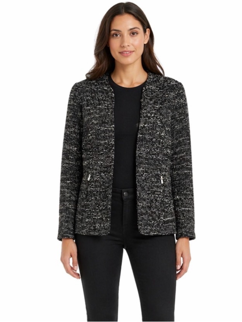 DREW Black & White Tweed Raw Hem Moto Blazer Jacket - Medium